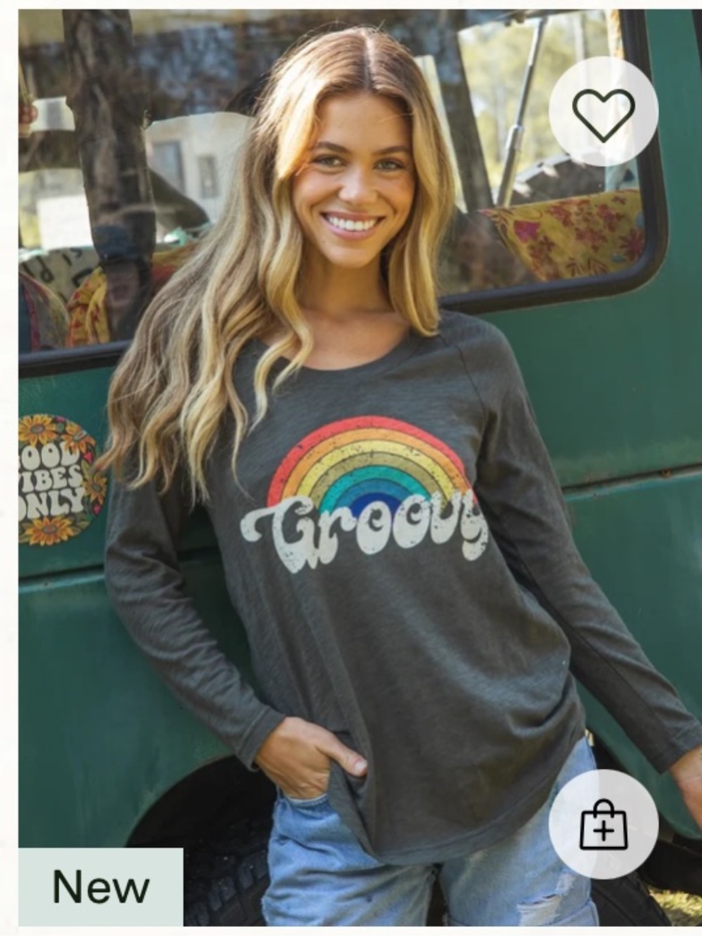 NATURAL LIFE Long-Sleeve Tee Boho Cotton Tee  Rainbow 'Groovy' Graphic hippie 70